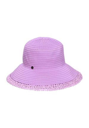Lavender bucket hat with horizontal ribbed texture and a woven edge trim, featuring a small round metal logo on the side.