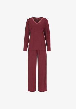 Burgunderfarbener Pyjama-Set mit langen Ärmeln und Hose. Verfügt über einen V-Ausschnitt mit Spitze und einen lässigen Schnitt für mehr Komfort. Weicher Stoff.