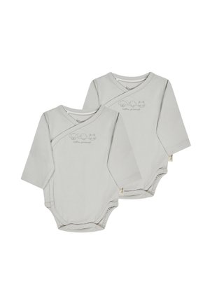 Two light gray long-sleeve baby bodysuits with snap closures, crossed neckline, and small animal faces with "little friends" text on front.
