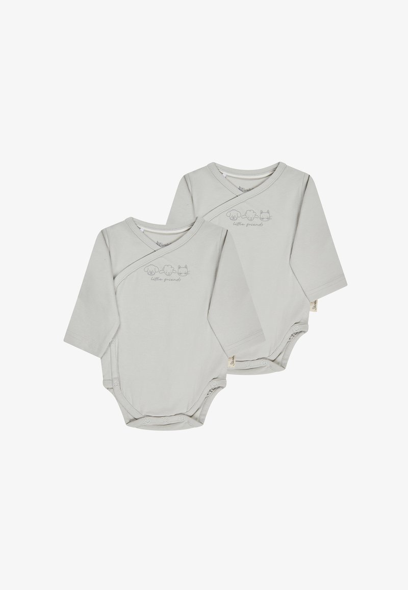 Zwei hellgraue Langarm-Babybodys mit Druckknopfverschlüssen, überkreuztem Ausschnitt und kleinen Tiergesichtern mit dem Text "kleine Freunde" auf der Vorderseite.