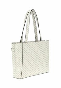 Borsa tote con una tela a trama bianca con piccoli motivi floreali, rifiniture nere e due manici lunghi per il trasporto.