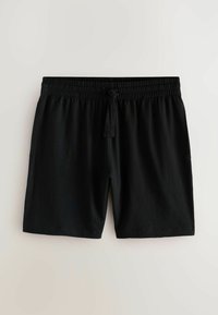Schwarze Shorts aus leichtem Stoff mit elastischem Bund und Kordelzug. Mit seitlichen Taschen und glatter Textur.