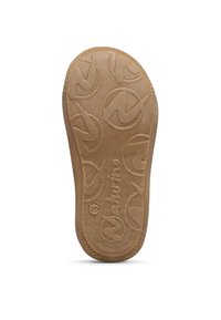 Suola della scarpa realizzata in gomma beige con superficie testurizzata. Presenta motivi a logo circolari e una leggera lucentezza. Il logo impresso riporta la scritta "Naturino."