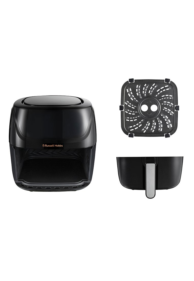 Fry aerea nera con design arrotondato, superficie liscia e manico in acciaio. Include una base perforata per una distribuzione uniforme del calore.