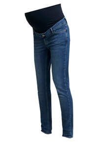 Tumed sinised rasedusjeansid, kitsas lõige, elastse vöökohtpanniga toetuseks, mis sisaldavad õmblemise detaile jalgade ääres.