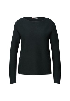 Sweater en tricot noir avec un décolleté large, des manches longues et une coupe décontractée. Présente une texture côtelée et sans motifs ni accents visibles.