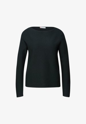 Czarny powyciągany sweter z szerokim dekoltem, długimi rękawami i luźnym krojem. Posiada ściągaczową teksturę i brak widocznych wzorów czy akcentów.