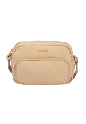 Beige Bogner crossbody taske med guld lynlåse, en forreste lynlåslomme og justerbar rem.