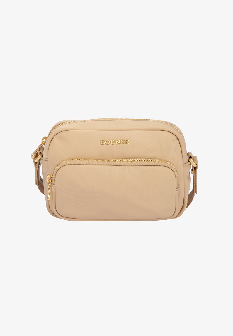 Sac bandoulière beige Bogner avec fermetures éclair dorées, une poche zippée à l'avant et une sangle réglable.
