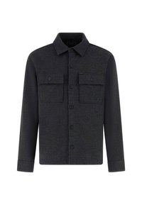 Giacca camicia grigio scuro realizzata in tessuto testurizzato, con colletto aperto, due tasche frontali e maniche lunghe.