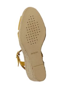Yellow sandal with open back and ankle strap, featuring a textured tan sole with ventilation holes and embossed "GEOX" logo.