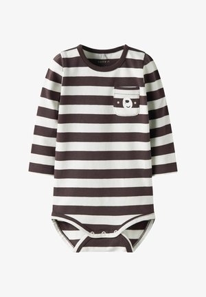 Tumesatebim bodysuit pikka varrukaga tumepruunides ja valgetes triipudes, millel on tasku naeratava panda kujutisega ja alläärtes nööbid.