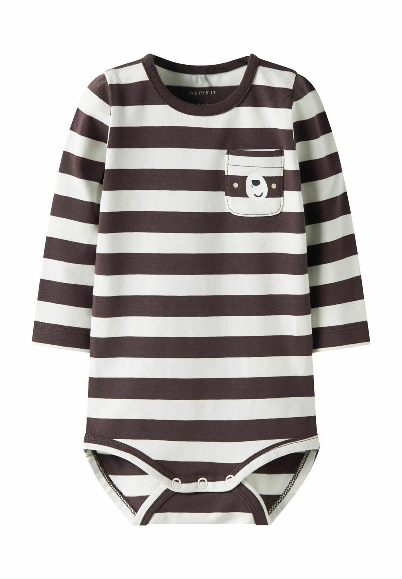 Body bébé à manches longues en rayures marron foncé et blanches, avec une poche ornée d'un design de panda souriant et des boutons-pression au bas.
