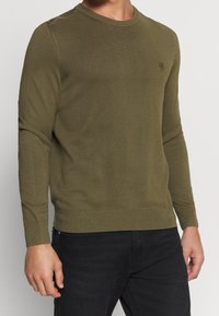 Pull en tricot vert olive avec des manches longues, col et poignets côtelés, présentant un logo subtil sur la poitrine, texture lisse.