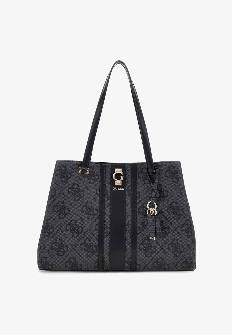 Sac cabas Guess noir et gris avec motif monogramme, deux longues anses, bande verticale centrale et logo métal décoratif avec porte-clés.