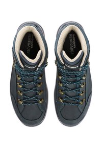Donkerblauwe wandelschoenen met versterkte teen, gevoerde kraag en contrasterende veters. Voorzien van metalen oogjes en een geweven voering.