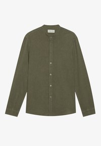 Long-sleeve olive green shirt with a mandarin collar, front button closure, and a textured fabric. No patterns or accents present.