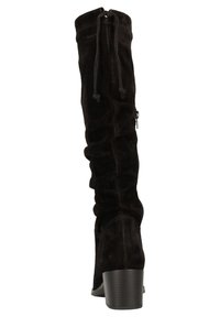Black suede over-the-knee boots with a ruched design, featuring a stacked heel and a side zipper for closure.