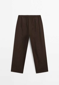 Bruine linnen broek met een elastische tailleband, brede pijpen en een gladde textuur. Geen patronen of zichtbare hardware.