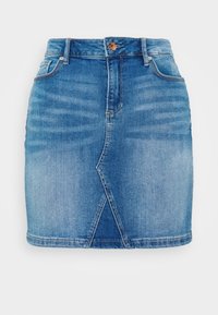 Džínová sukně v světle modré barvě s vybledlým vzhledem, s předním rozparkem, pěticí kapsiček a kovovým zapínáním.