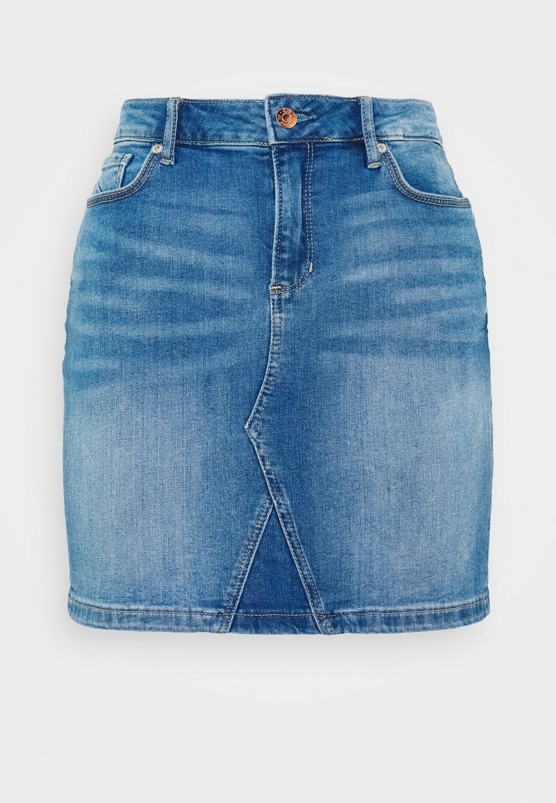 Džínová sukně v světle modré barvě s vybledlým vzhledem, s předním rozparkem, pěticí kapsiček a kovovým zapínáním.