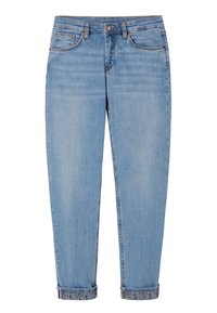 Jeans din denim de culoare albastru deschis, cu un design drept, manșete suprapuse cu un interior patternat, cinci buzunare și închidere cu nasture frontal.