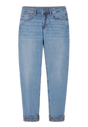 Lichtblauwe denim jeans met een rechte pijp, opgerolde manchetten met een patroon aan de binnenkant, vijf zakken en een sluiting met een knoop aan de voorkant.