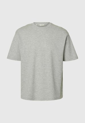 T-shirt gris clair à manches courtes avec col rond et coupe décontractée, présenté sur un fond blanc uni.