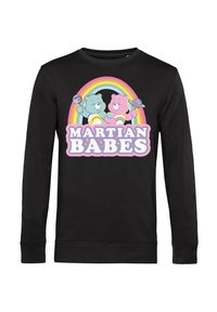 Černá mikina s dlouhým rukávem, na které je barevná grafika dvou kreslených medvědů a text "MARTIAN BABES" na duhovém pozadí.