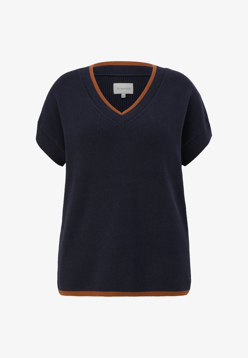 Pull en tricot bleu marine à manches courtes avec col en V et bordure couleur rouille au col et à l'ourlet.
