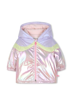 Glanzend roze, paarse en lichtgroene peuterjas met capuchon, ritssluiting aan de voorkant en elastische boorden.