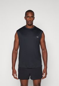 Black sleeveless athletic shirt in moisture-wicking fabric, featuring a round neckline and a subtle logo, paired with matching shorts.