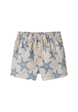 Swim shorts in light beige fabric with blue starfish pattern, elastic waistband, and drawstring for adjustable fit.