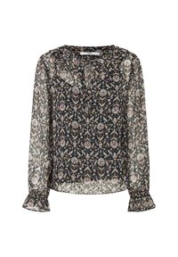 Blusa nera trasparente con motivo floreale, caratterizzata da un colletto arricciato e maniche elasticizzate. Maniche lunghe e vestibilità ampia.