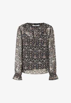 Prozorna črna bluzica z cvetličnim vzorcem, s poširjenim izrezom in elastičnimi manšetami. Dolgi rokavi in ohlapen kroj.