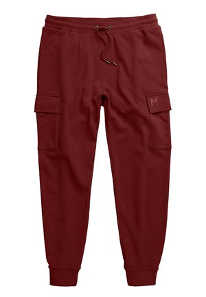 Joggers cargo rojos de tela suave con una cinturilla elástica, cordón ajustable y dos bolsillos laterales con detalles en parche.