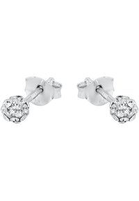 Silvriga studs med blomformad design som har en central klar kristall, med en polerad yta och intrikata detaljer.