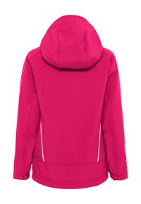 Fuchsia softshell jas met een capuchon, voorzien van witte zijaccenten en lange mouwen, ontworpen voor buitengebruik. De achterzijde toont een gladde textuur.