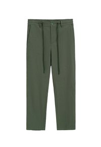 Pantalons en lin léger verts avec une taille à cordon de serrage, poches avant et une coupe droite. Pas de motifs visibles ni de détails métalliques.