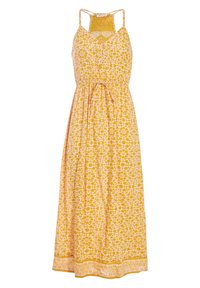 Robe maxi jaune avec des motifs floraux et géométriques. Fines bretelles, décolleté en V, devant à boutons et taille ajustable avec cordon.