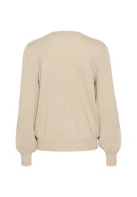 Beige pullover sweater with a round neckline, ribbed long sleeves, and a relaxed fit. Soft texture with subtle stitching detail on sleeves.