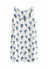 Blommönstrad ärmlös topp i vit tyg med blå och gröna blommönster, med rundad halsringning och knappdetalj bak.