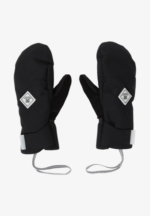 Schwarze, isolierte Handschuhe aus wasserdichtem Material. Zu den Merkmalen gehören ein Diamant-Logo, elastische Bündchen und verstellbare Handgelenkriemen.