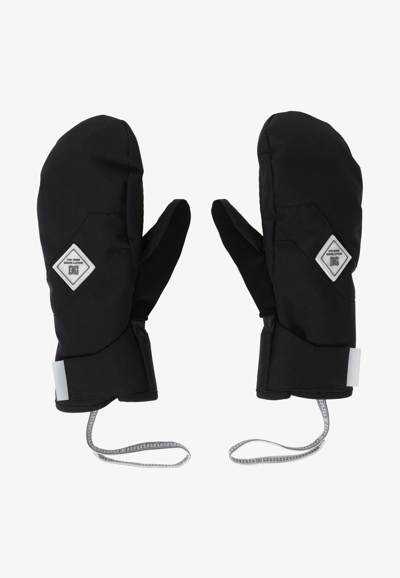 Muffole nere isolate realizzate in tessuto impermeabile. Caratteristiche includono un logo a diamante, polsini elastici e cinturini per polso regolabili.