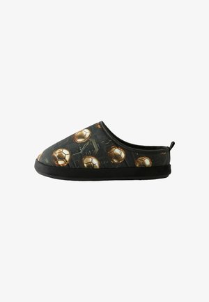 Black and gold slipper with a smooth fabric upper featuring a soccer ball pattern, rounded toe, and a black textured sole.