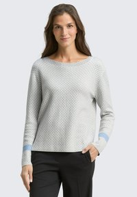 Sweater gris clair avec un motif géométrique et un col bateau. Comprend des accents bleus sur les manches. Texture douce. Manches longues.