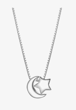 Sølvkæde med vedhæng af en måne og en stjerne. Månen er buet, og stjernen har fem spidser, begge med en glat overflade.