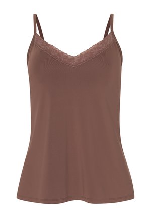 Top sin mangas marrón hecho de una tela suave, con un escote en V adornado con encaje, tirantes ajustables y un corte relajado.