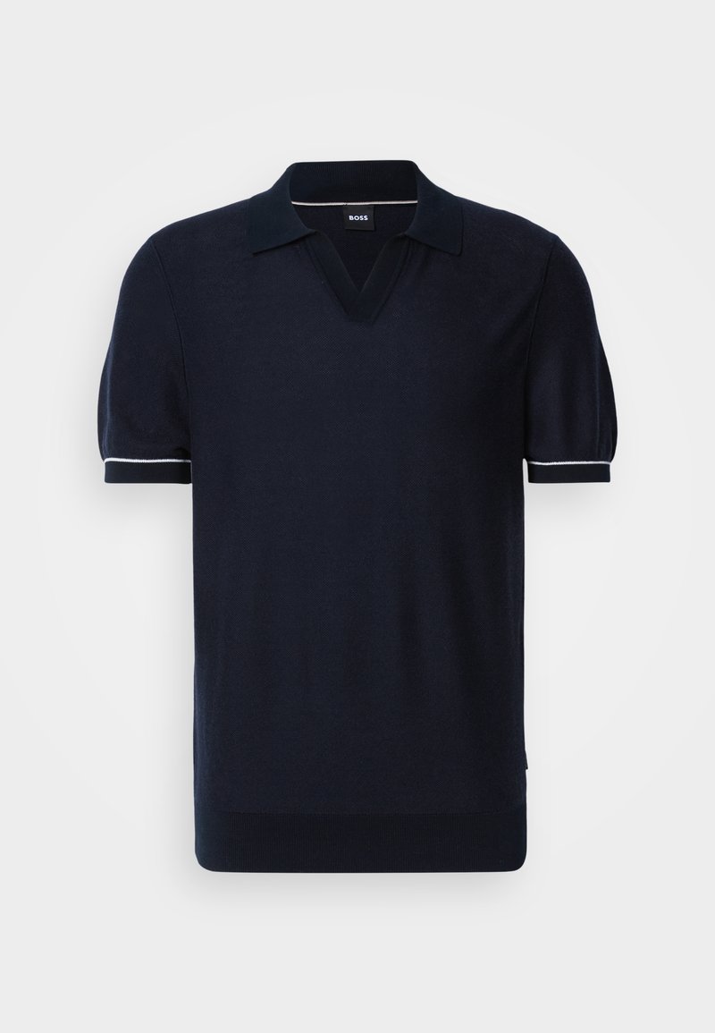 Polo en tricot bleu marine avec un col en V, des manches courtes et une bordure blanche aux poignets. Tissu texturé avec une coupe classique et ajustée.