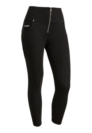 Leggings neri con vita alta, zip frontale e tasche laterali. Realizzati in tessuto liscio, presentano una vestibilità slim e pochi dettagli hardware.